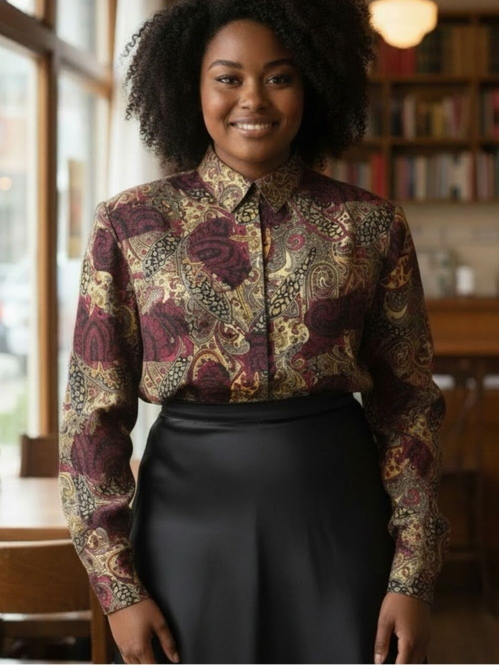 80s SILK HIGH COLLAR PAISLEY BLOUSE W PADDED SHOULDERS REGINA PORTER EUC 12